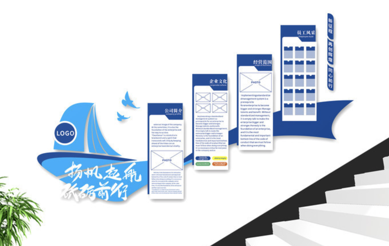 藍(lán)色科技企業(yè)發(fā)展歷程樓道樓梯科技感文化墻